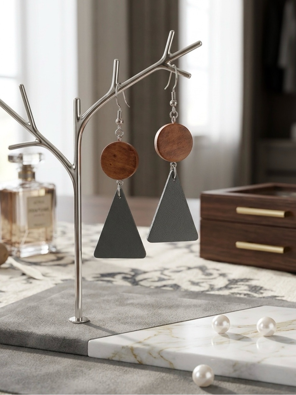 Wood Disc & Gray Triangle Drop Earrings — Unbranded